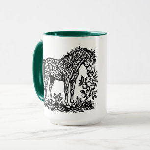 Caneca Cavalo Ornamental Comendo Maçãs Silhueta Floral