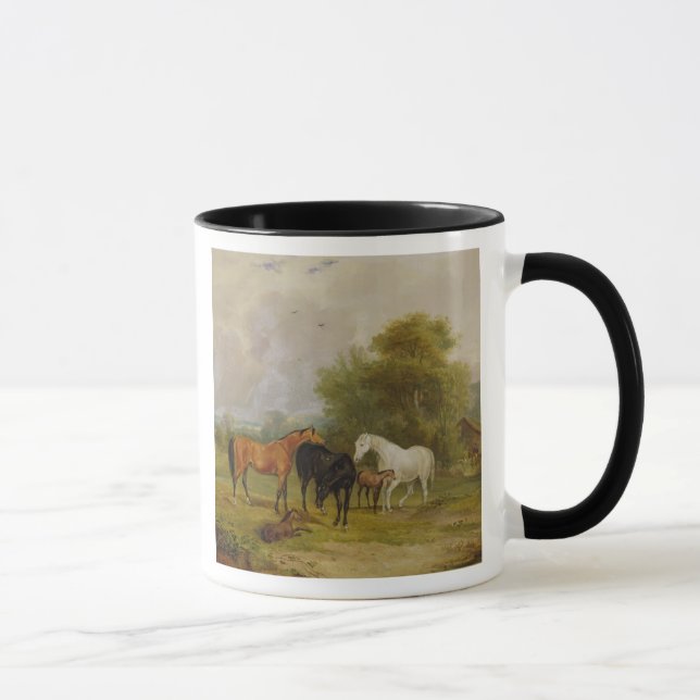 Caneca Cavalos que pastam: Éguas e potros em um campo (Direita)