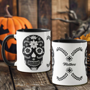Caneca Caveira de Açúcar Mexicana 2 Preto e Branco Com No