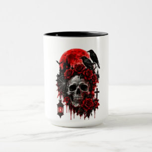 Caneca Caveira de Corvo Gótica Escura com Rosas Carmesim 