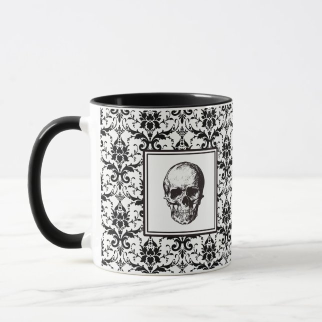 Caneca Caveira de Halloween com Padrão Damasco Preto Góti (Esquerda)