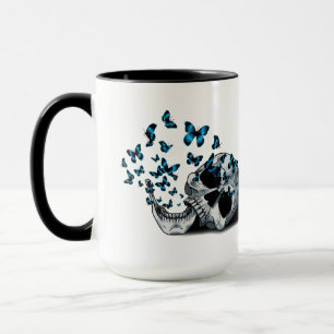 Caneca Caveira e Borboletas Azuis Preto e Branco