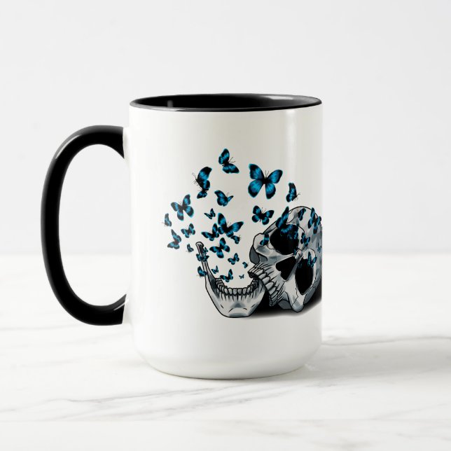 Caneca Caveira e Borboletas Azuis Preto e Branco (Esquerda)