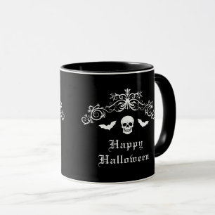 Caneca Caveira e Morcegos Gótico Feliz Halloween Preto