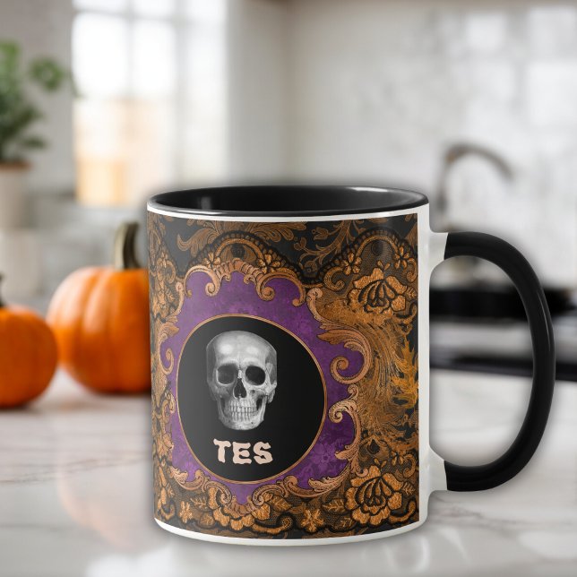 Caneca Caveira Elegante de Hallloween em Laranja Damask (Criador carregado)