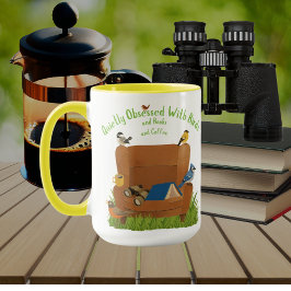 Caneca Celebração Colorida de Pássaros Livros e Café