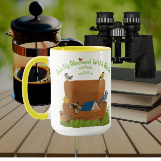 Caneca Celebração Colorida de Pássaros Livros e Café