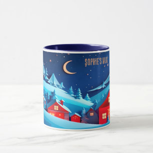 Caneca Cena da Aldeia de Natal. Nome editável.
