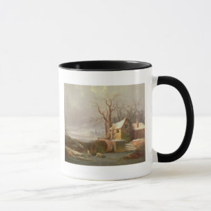 Caneca Cena da neve com moinho e casas de campo