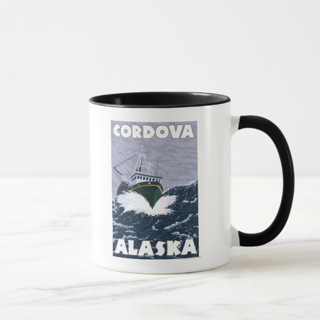 Caneca Cena de Barcos de Pesca - Córdova, Alasca (Direita)