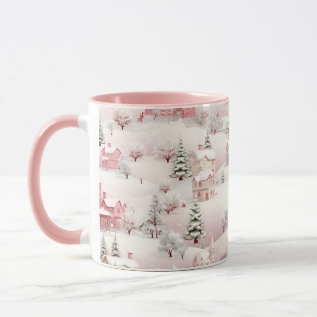Caneca Cena de Neve de Natal Rosa (Esquerda)