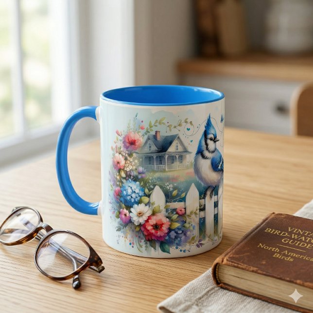 Caneca Cena do Jardim com Cerca da Casa da Gaivota Azul (Blue Jay Cottage Garden Fence Scene Mug On Kitchen Counter)