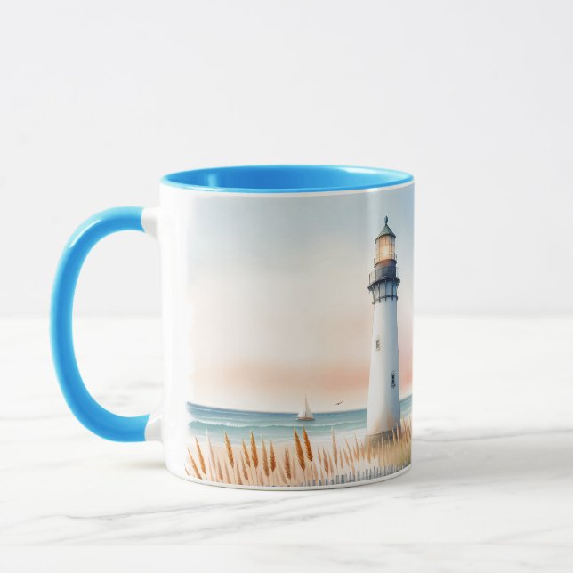 Caneca Cena em aquarela de Farol e Chalé à Beira-Mar (Esquerda)