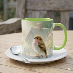 Caneca Cena em Aquarela de Pássaro com Rosa de Jardim