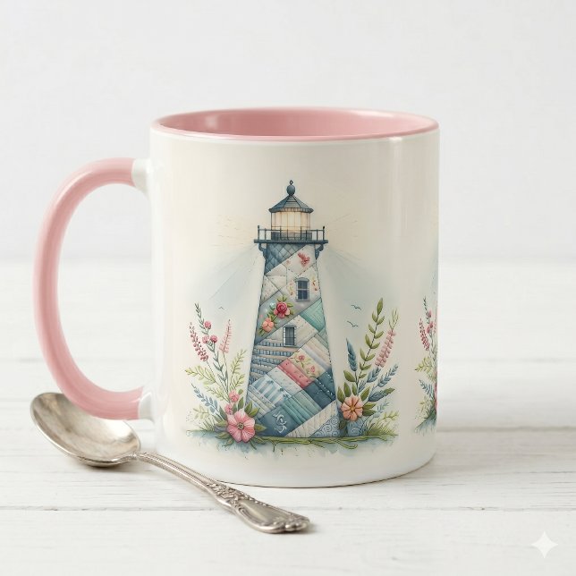 Caneca Cena Floral do Farol em Patchwork (Patchwork Lighthouse Coastal Floral Scene Mug)