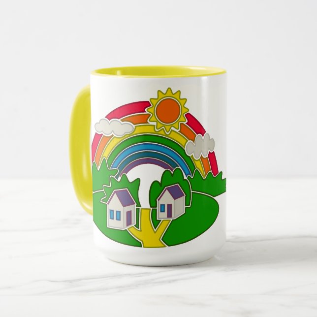 Caneca Cena rural de desenho animado com arco-íris e casa (Frente Esquerda)