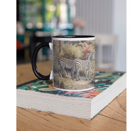 Caneca Cenário botânico de zebras e leões em oásis