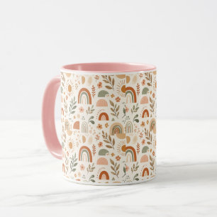 Caneca Cerâmica Floral Sol Arco-Íris Boho Terroso