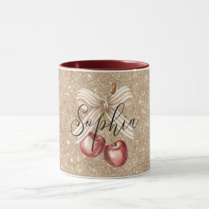 Caneca Cerejas Vermelhas com Purpurina Dourada