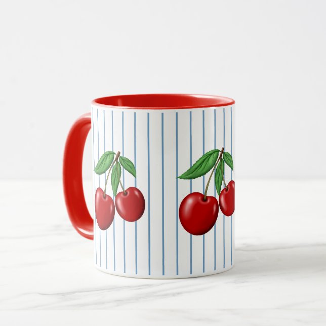 Caneca Cerejas Vermelhas no Padrão Gráfico de Stripes Azu (Frente Esquerda)
