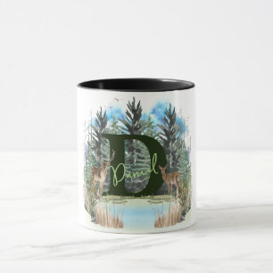 Caneca Cervo em Aquarela Letra de Monograma Personalizado
