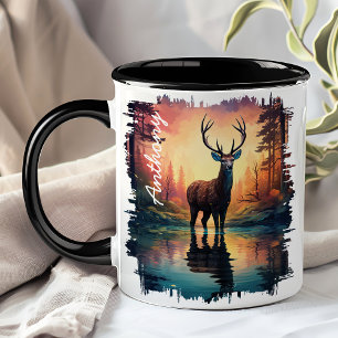 Caneca Cervo Majestoso no Reflexo do Lago ao Pôr do Sol