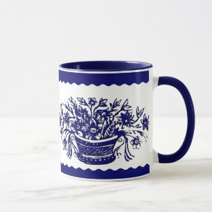 Caneca Cesto de Flor e Mata-Borda Azul e Branca