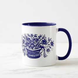 Caneca Cesto de Flores Azul e Branco