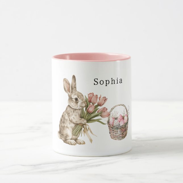 Caneca Cesto de Ovos de Páscoa Coelho Bunny Tulipas Rosa (Centro)
