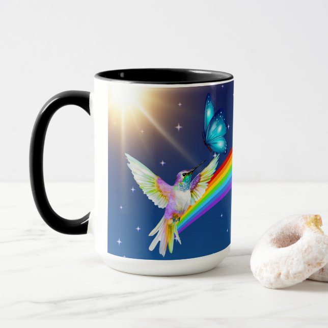Caneca Céu Noturno, Dois Pássaros, Borboletas e um Arco-Í (Com Donut)