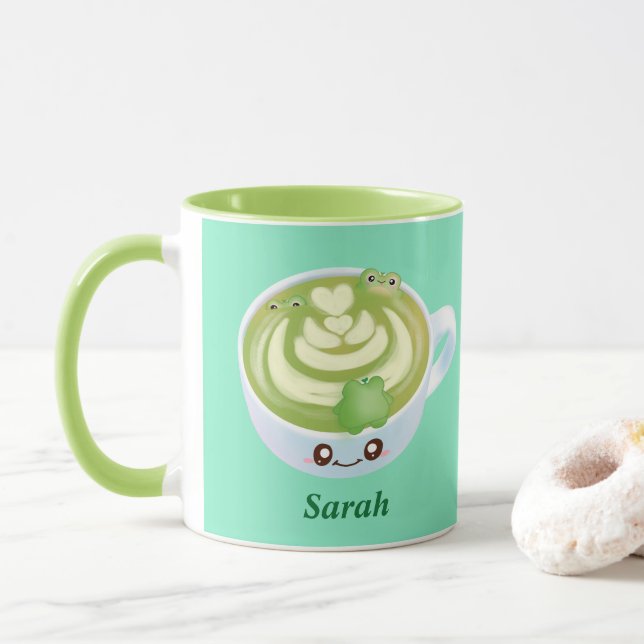 Caneca Chá Verde Quente Latte Com Sapos Bonitos (Com Donut)