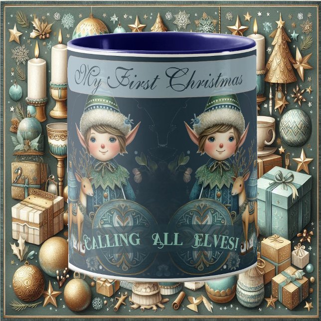 Caneca Chamando Todos os Elves Snowflakes Meu Primeiro Na (Calling All Elves Snowflakes My First Christmas Mug)