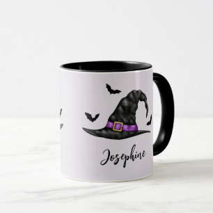 Caneca Chapéu de Bruxa Com Morcegos Voadores E Nome Hallo