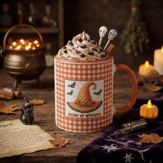 Caneca Chapéu de Bruxa de Gingham Laranja e Morcegos de H (Criador carregado)
