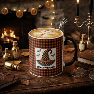 Caneca Chapéu de Bruxa de Xadrez Laranja e Preto de Hallo