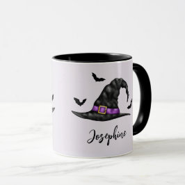 Caneca Chapéu De Bruxas Com Morcegos E Nome Halloween