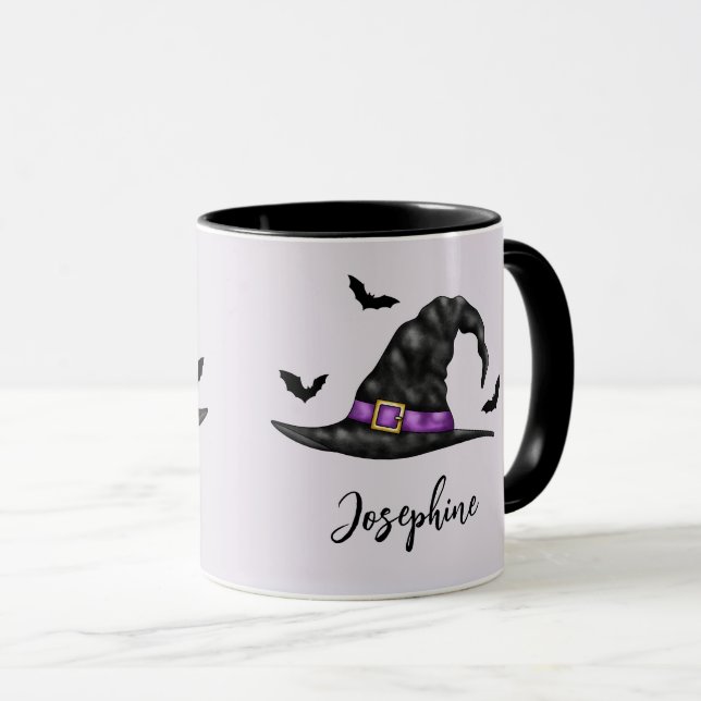 Caneca Chapéu De Bruxas Com Morcegos E Nome Halloween (Frente Esquerda)