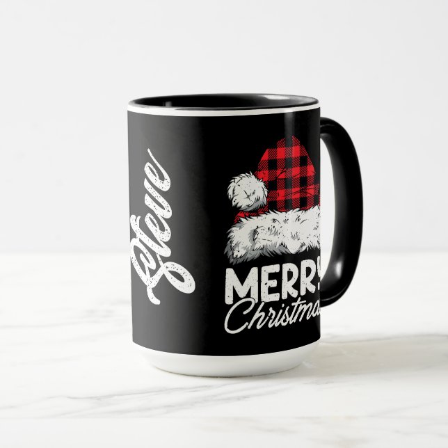 Caneca Chapéu de Papai Noel Xadrez com Nome Personalizáve (Frente Esquerda)