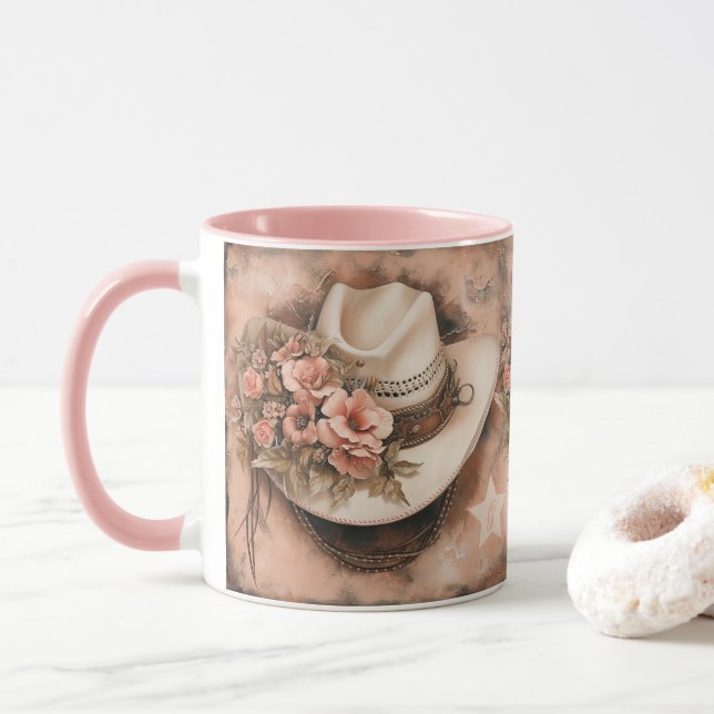 Caneca Chapéu de vaqueiro e flores de salmão (Com Donut)