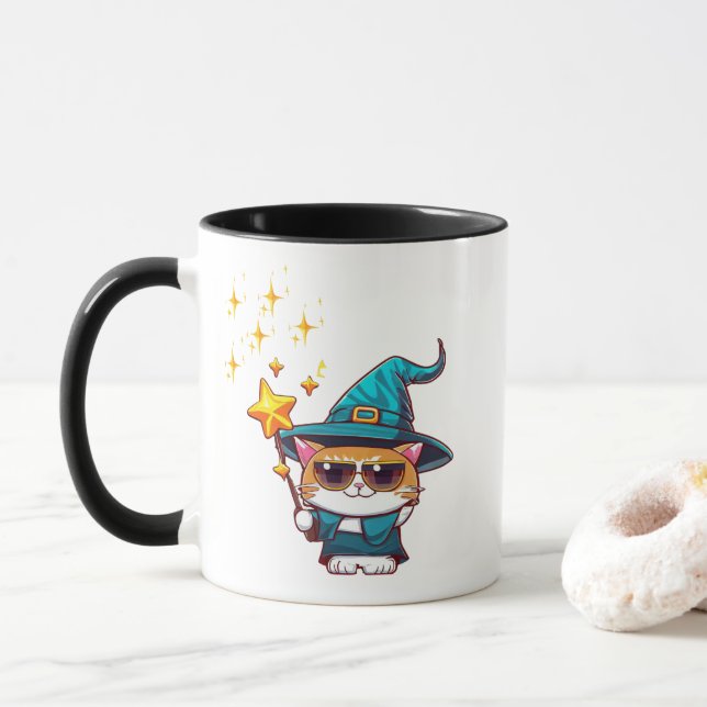 Caneca Chapéus de Bruxas de Halloween Segurando Estrelas  (Com Donut)