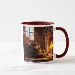 Caneca Chat endormi près du feu dans un chalet en bois.