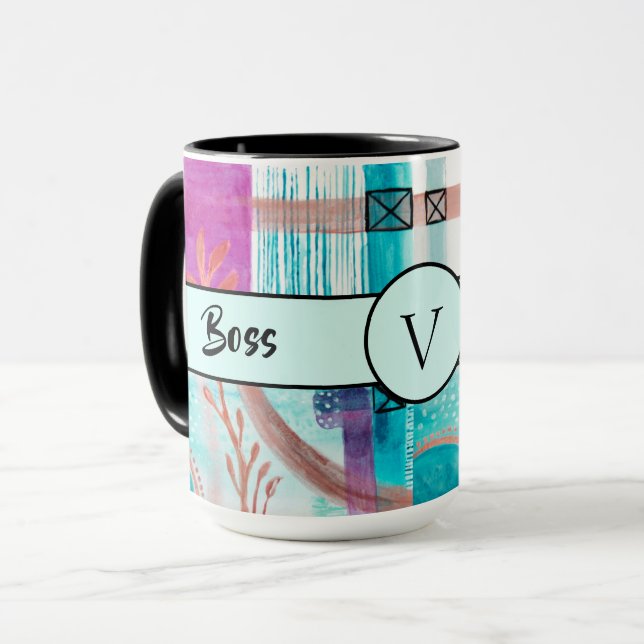Caneca Chefe Lady Black Monograma Abstrato Ringer 15oz (Frente Esquerda)