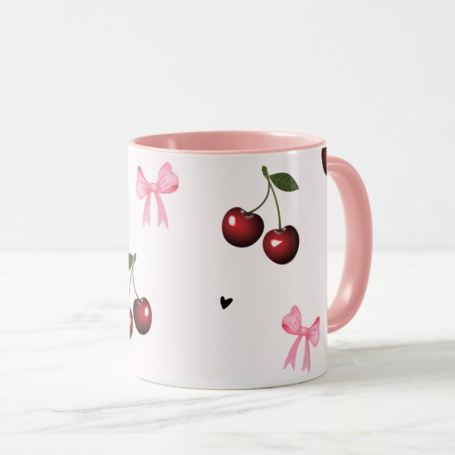 Caneca Cherry & Pink Bows Pattern - Coquette Aesthetic (Frente Esquerda)