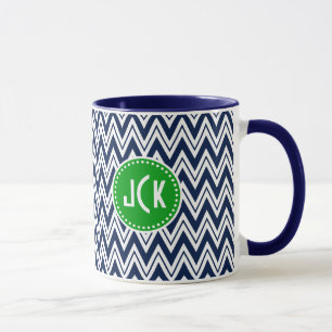 Caneca Chevron Zigzag Azul e Branco com Marinho monograma