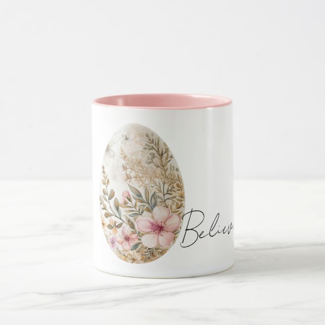 Caneca Chic Cream Pink Spring Flowers Easter Egg  (Centro)