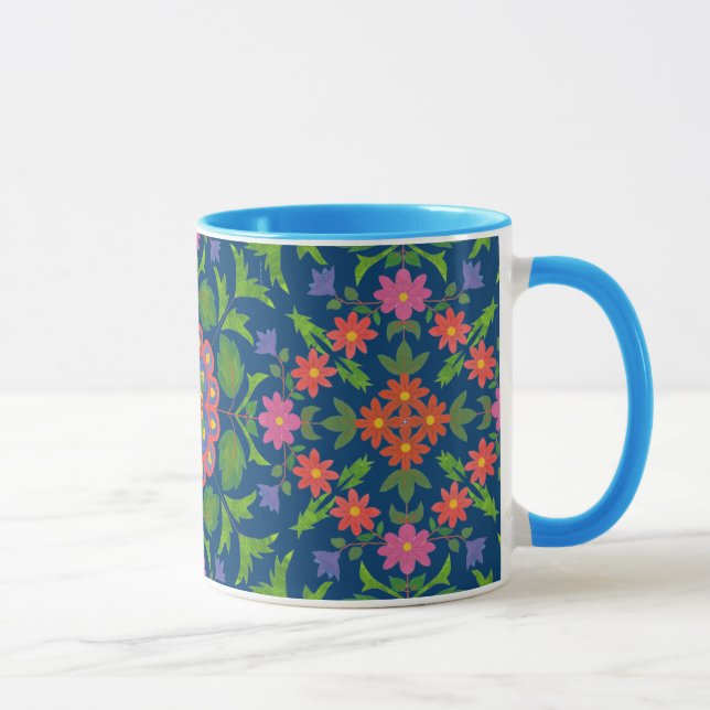 Caneca Chic Floral Rangoli Deep Blue Ringer Coffee Mug (Direita)
