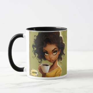 Caneca Chic "Ouça" Mug com citação de café em negrito