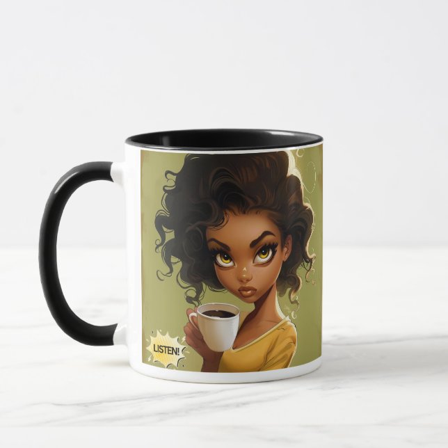 Caneca Chic "Ouça" Mug com citação de café em negrito (Esquerda)