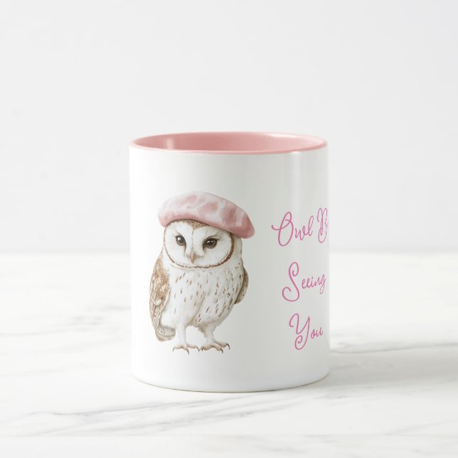 Caneca Chic Pink Beret Brown White Owl Be Seeing You (Centro)