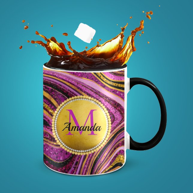 Caneca Chic Sparkle Glitter marble art pink gold monogram (Criador carregado)